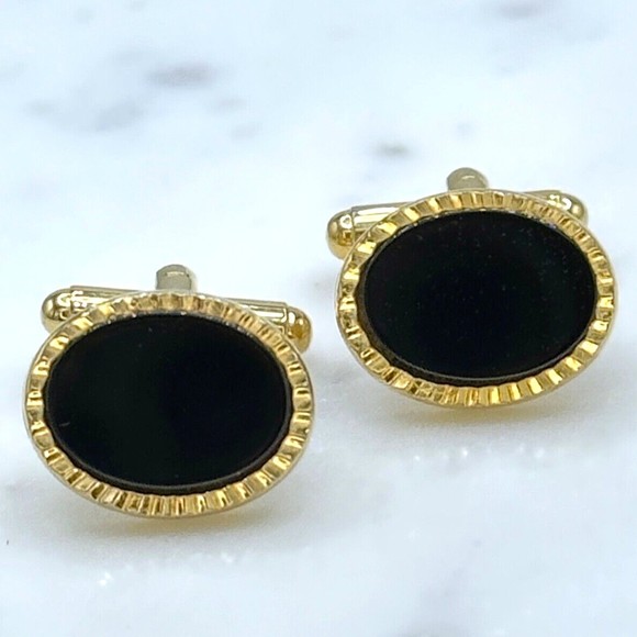 Unbranded Other - Vintage Oval Black Center & Gold Tone Bullet Back Elegant Formal Cufflinks